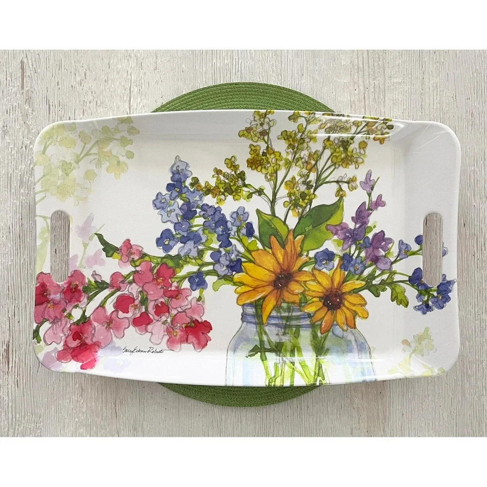 Bamboo Table Jars of Sunshine Floral Garden Bamboo Serving Tray 18x12 Multicolor